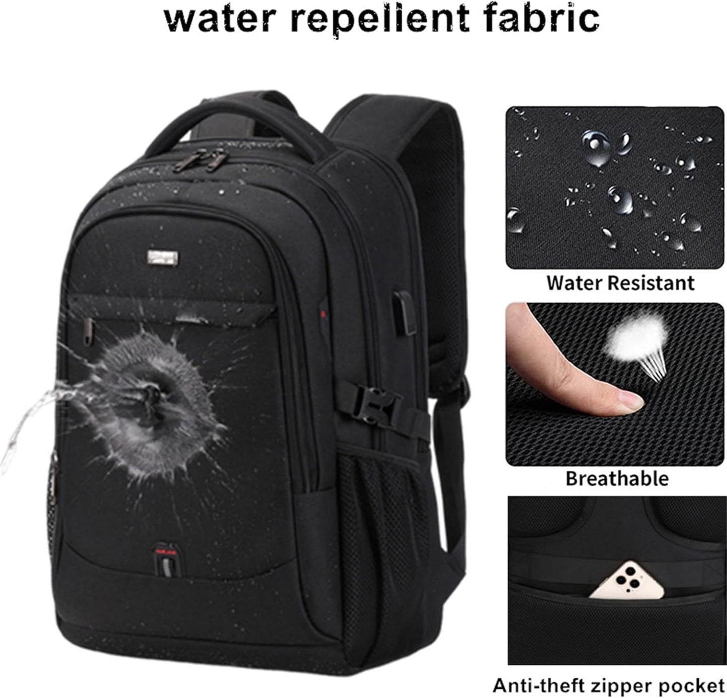Sleek black commuter laptop bag with organized pockets for work & business trips. Water-resistant tech backpack.