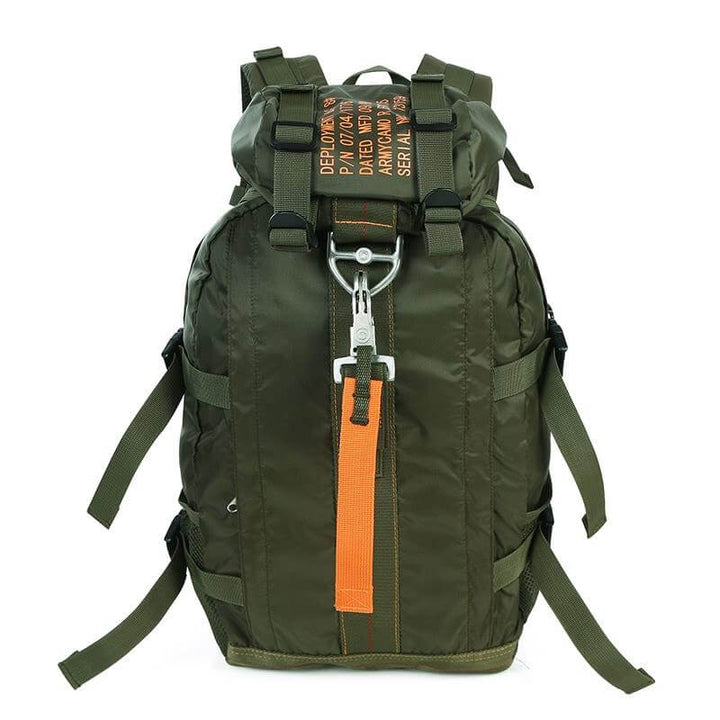 Durable water-resistant tactical backpack, large capacity for camping gear & outdoor adventure, side view.
