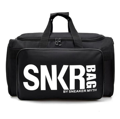 Close-up of water-resistant material on a unisex travel bag, designed for sneakers & sports gear.