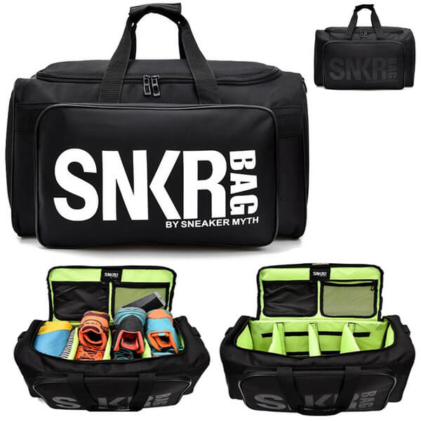 Interior view of multi-compartment sneaker travel bag, showing organized storage for shoes & accessories.