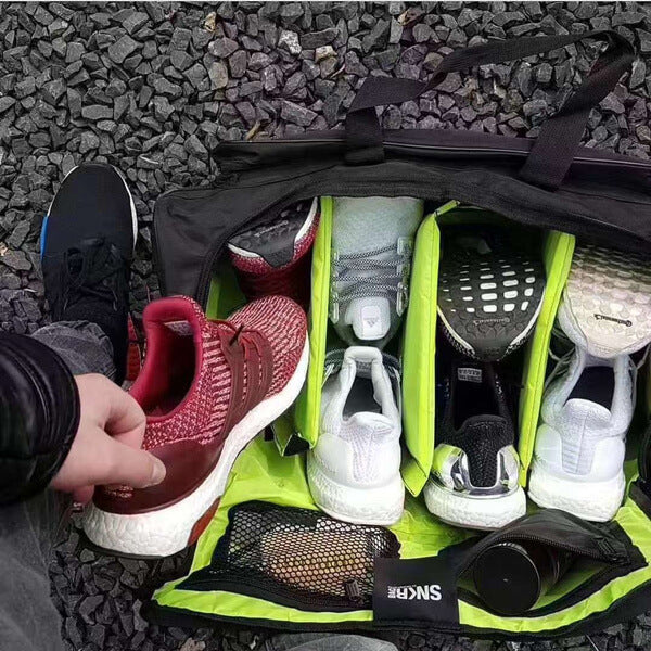 Versatile water-resistant unisex duffel bag, designed for organized sneaker & sports gear travel storage.