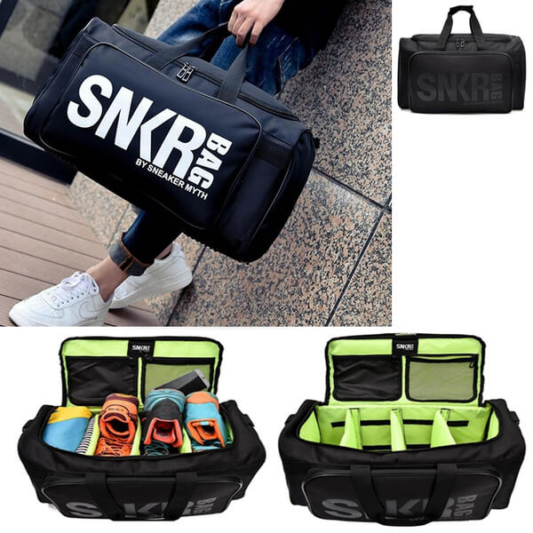 Water-resistant travel bag open, revealing multiple compartments for sneakers, clothes, & travel essentials.