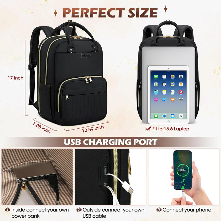 Open main compartment of a unisex travel laptop backpack showing organized pockets & padded 15.6" laptop sleeve.