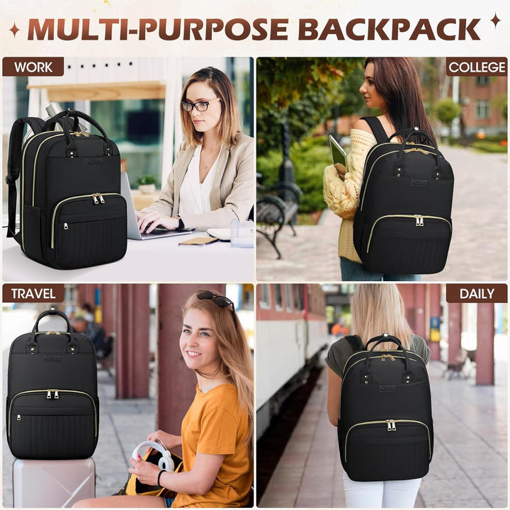 Model wearing a stylish unisex water-resistant commuter backpack, designed for daily carry and 15.6" laptop.