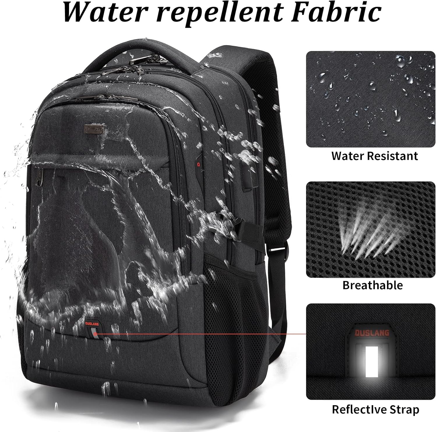 Multi-functional water-resistant backpack, anti-theft, USB charging, perfect for students.