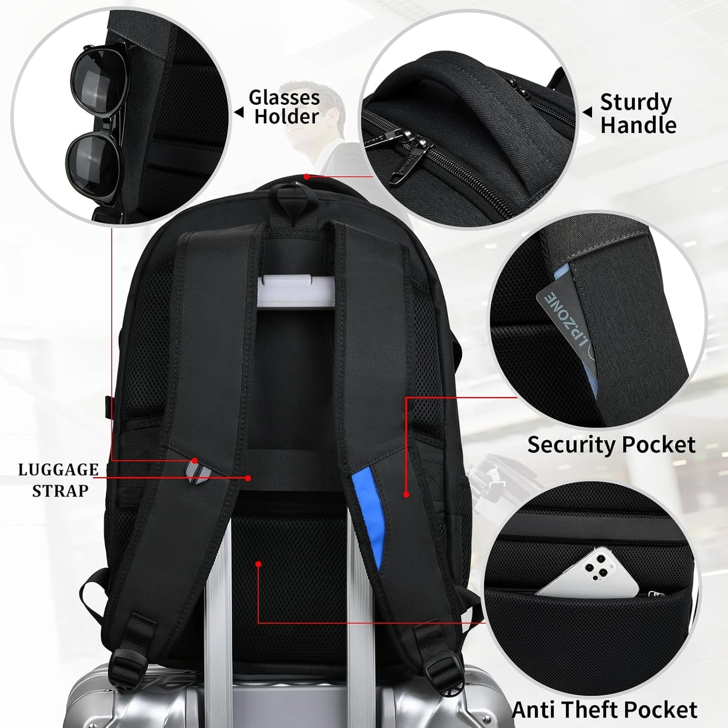 Ergonomic anti-theft travel backpack, water-resistant, USB charging, comfortable for long trips.