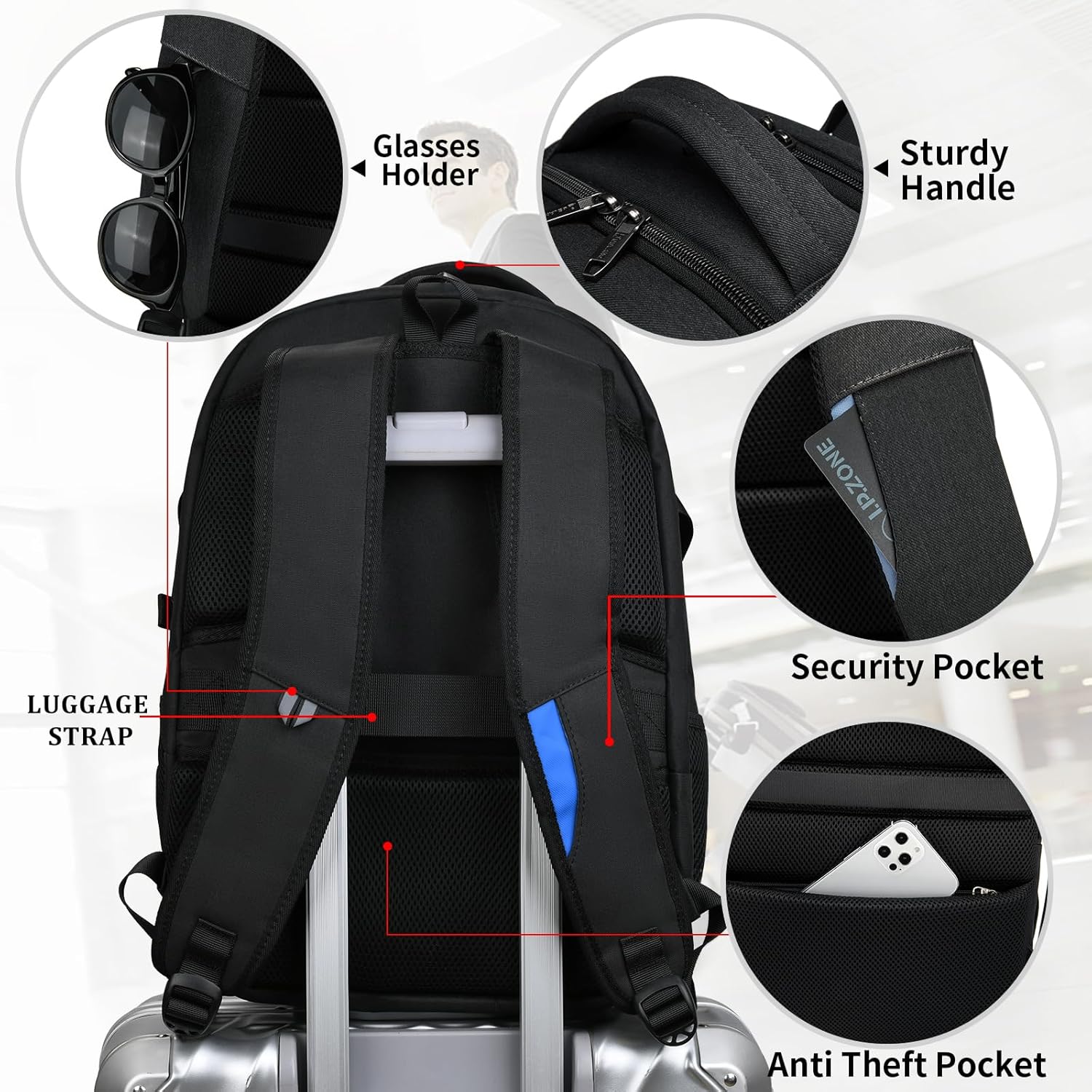 Ergonomic anti-theft travel backpack, water-resistant, USB charging, comfortable for long trips.
