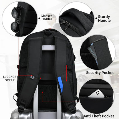 Ergonomic anti-theft travel backpack, water-resistant, USB charging, comfortable for long trips.