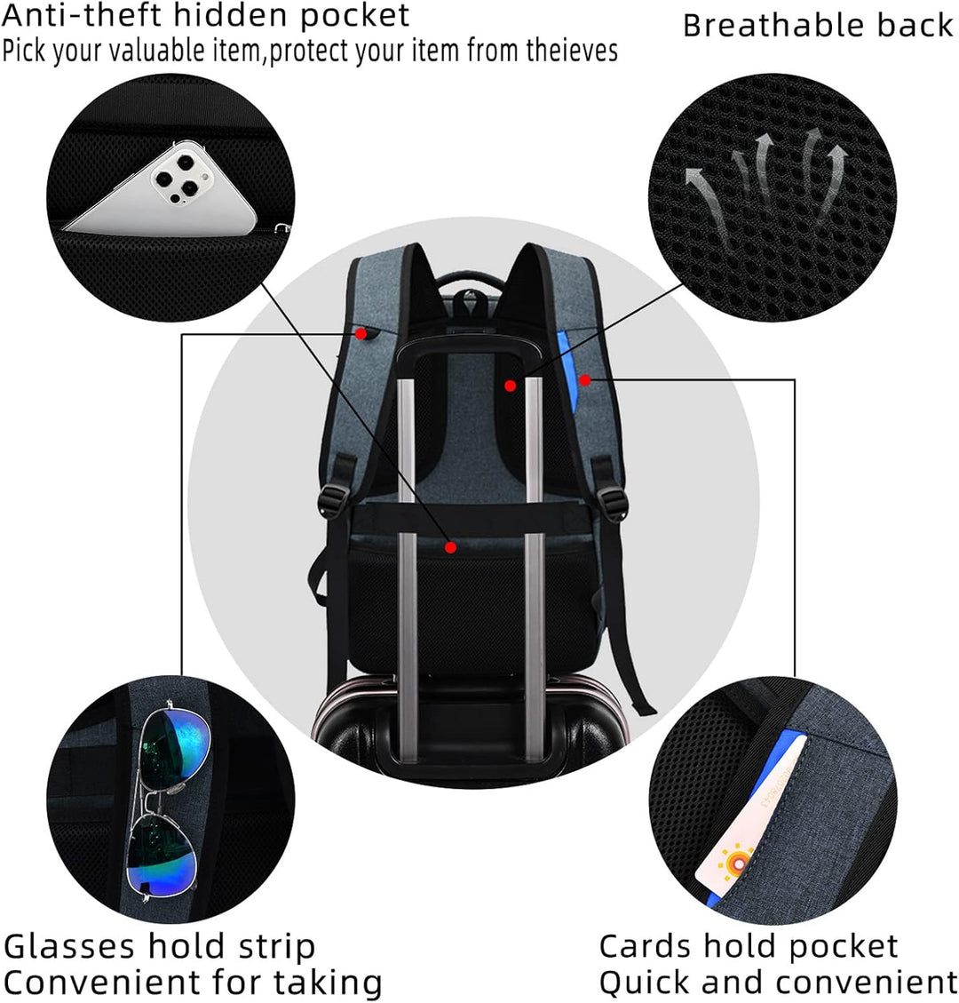Highly organized anti-theft daypack, water-resistant, USB charging, for efficient packing.