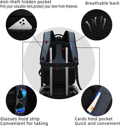 Highly organized anti-theft daypack, water-resistant, USB charging, for efficient packing.