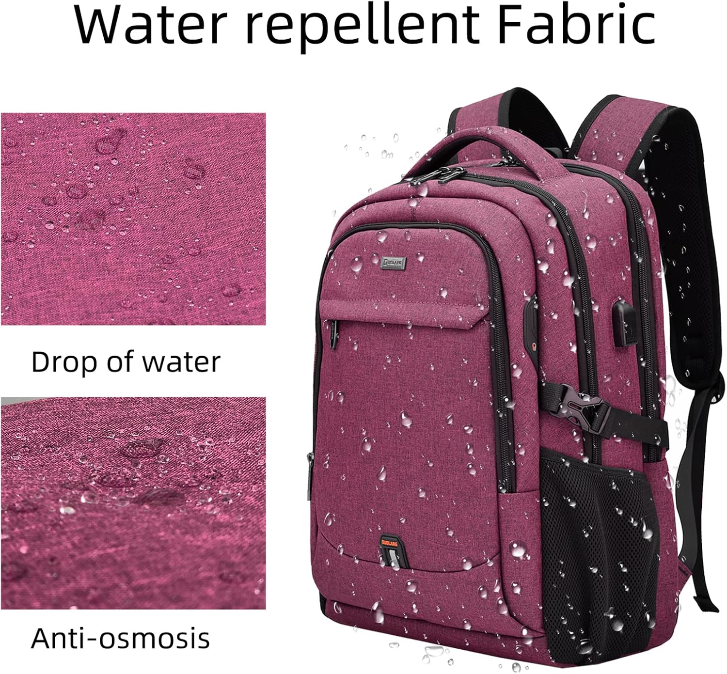 Stylish unisex water-resistant backpack, anti-theft, USB port, for modern daily use.