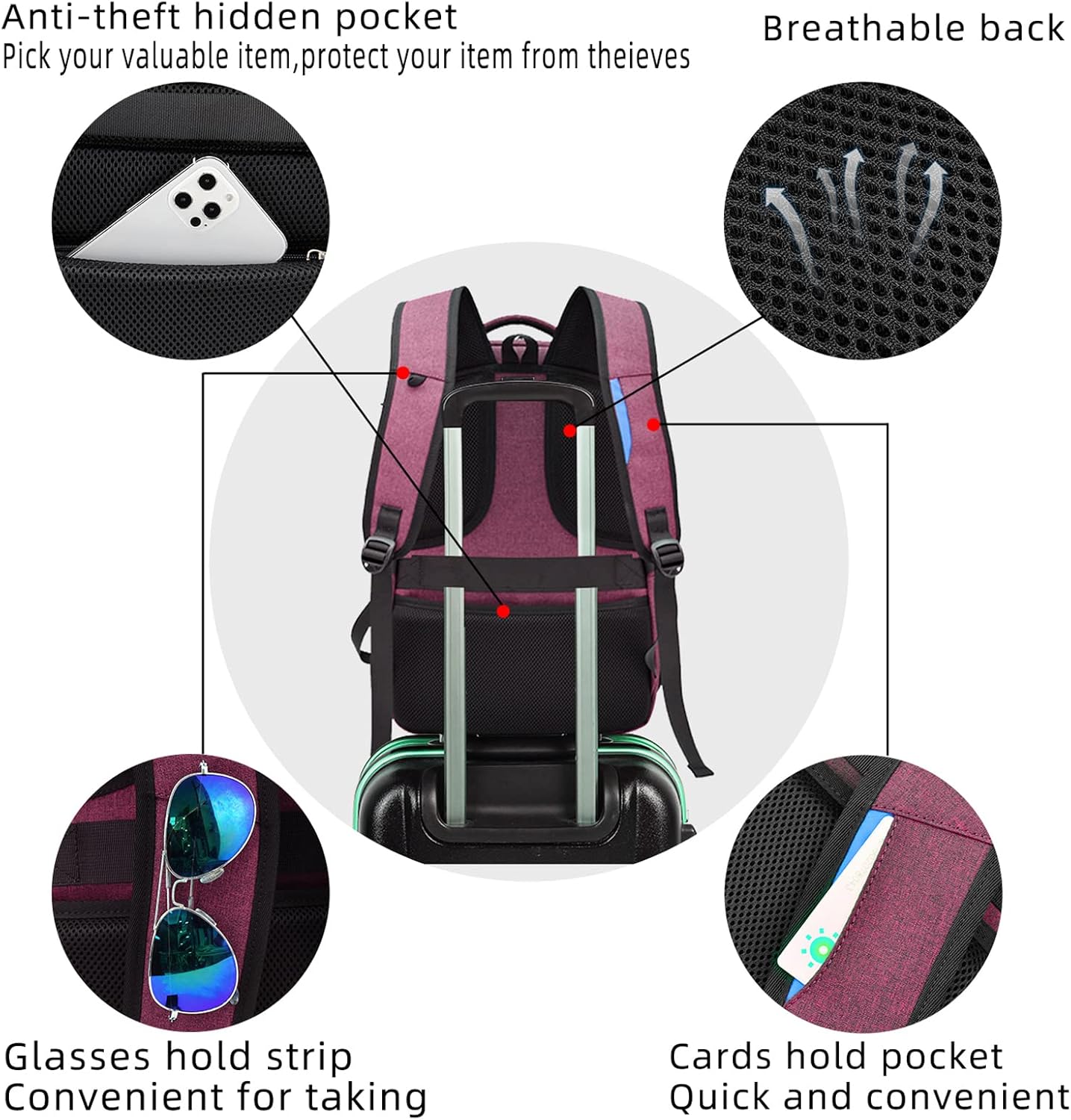 Secure anti-theft travel daypack, water-resistant, USB charging, for peace of mind.