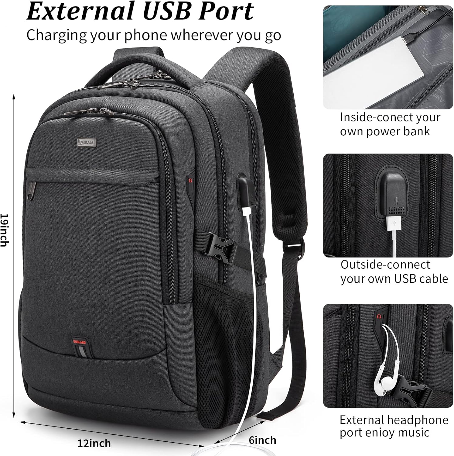 Spacious water-resistant anti-theft backpack, USB port, perfect for long weekends.