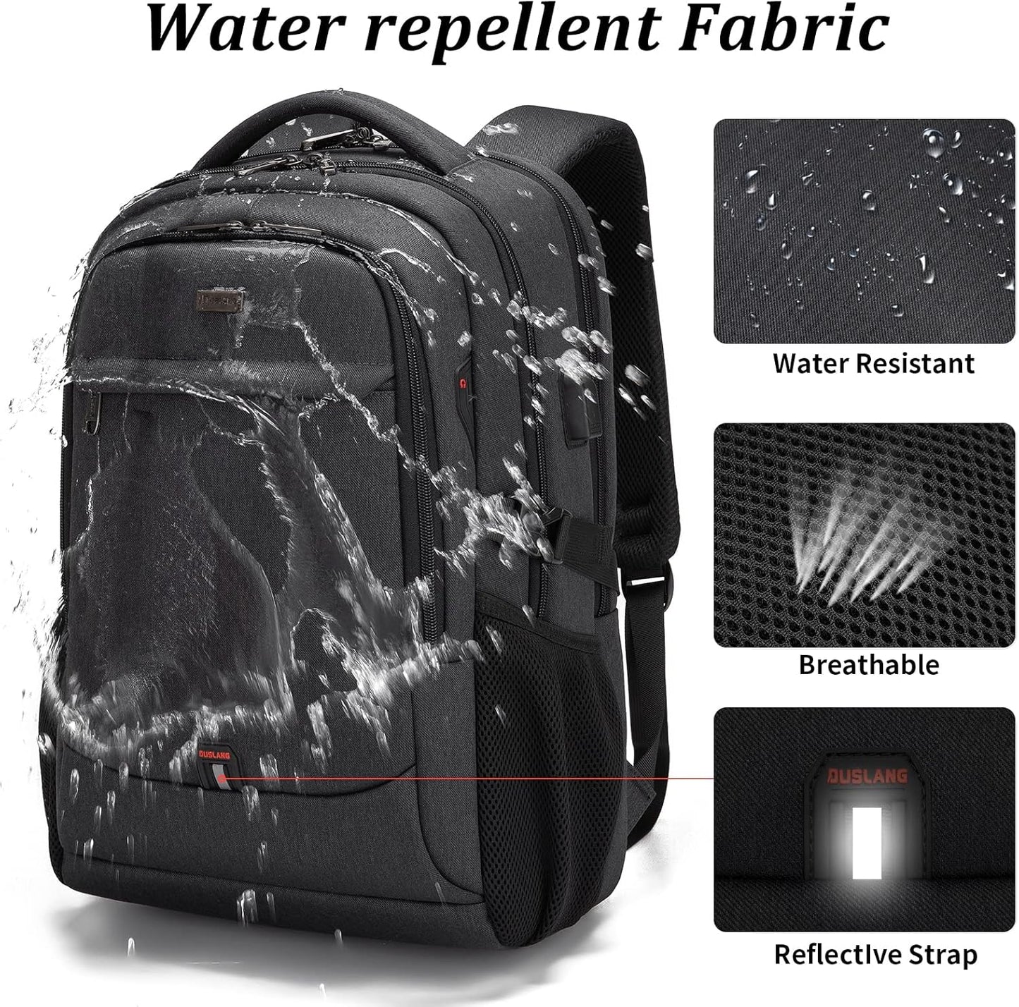 Durable unisex water-resistant daypack, anti-theft, USB port, for everyday adventures.