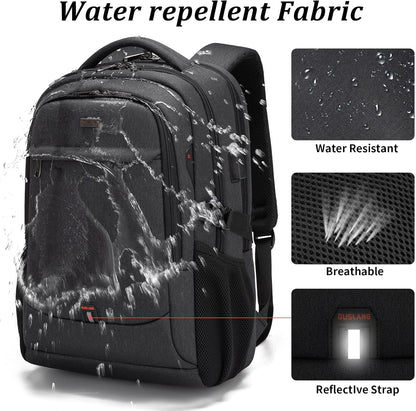 Durable unisex water-resistant daypack, anti-theft, USB port, for everyday adventures.
