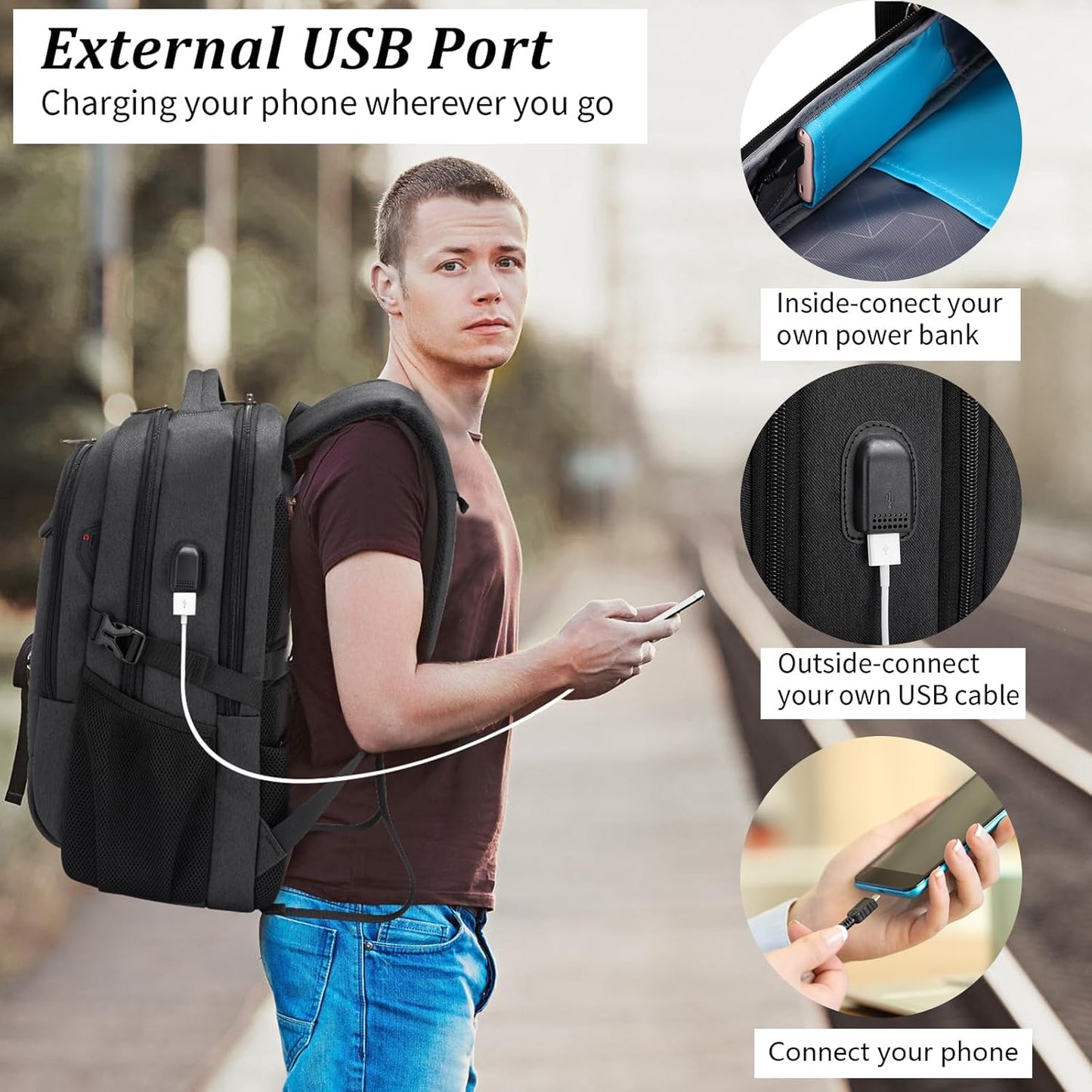 Travel-proof anti-theft laptop backpack, water-resistant, USB charging, built for reliability.