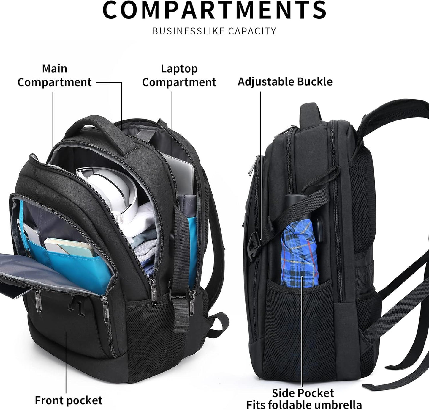 Anti-theft travel backpack, water-resistant, USB port, designed for security & convenience.