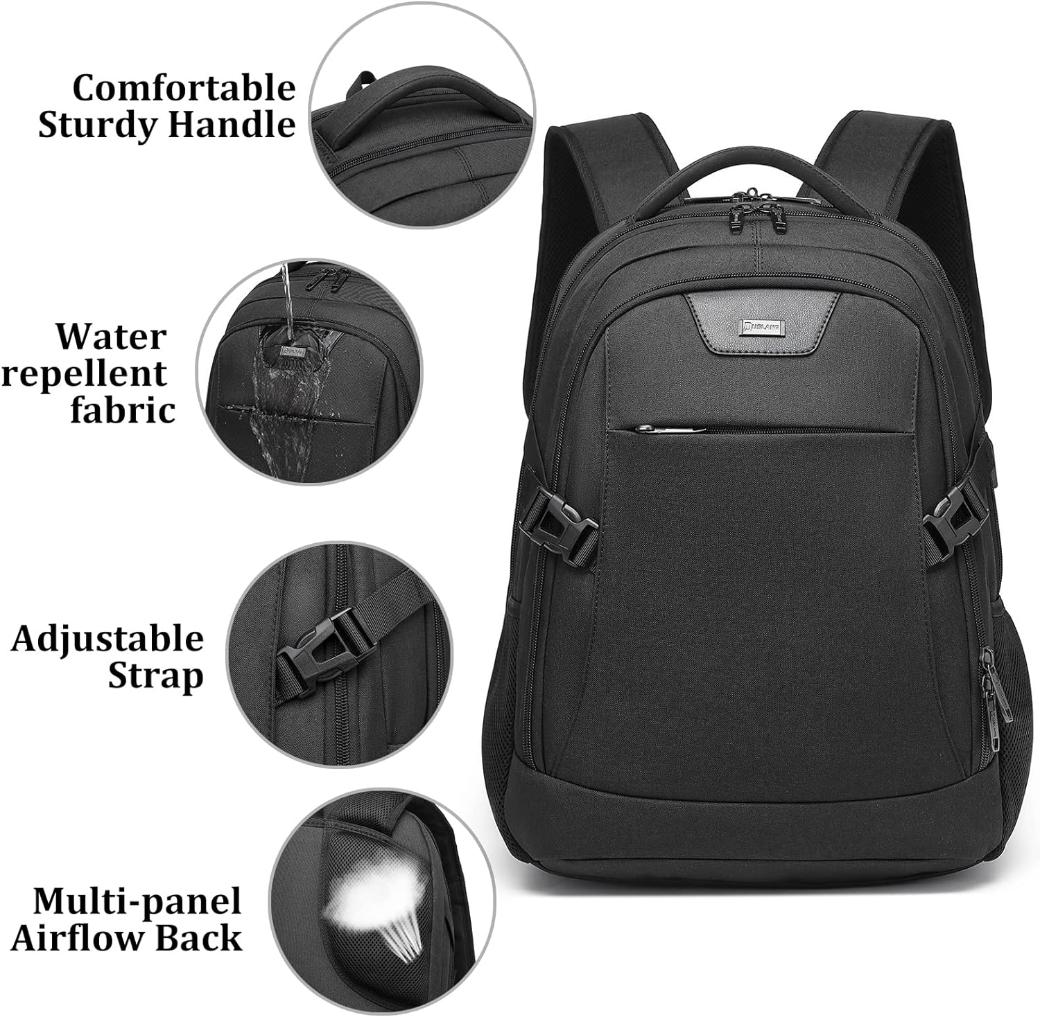 Organized water-resistant commuter backpack, anti-theft, USB port, for efficient daily routine.