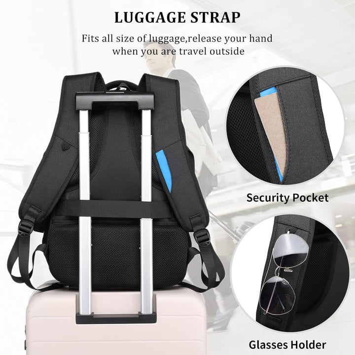 Lightweight anti-theft laptop backpack, water-resistant, USB charging, easy to carry.