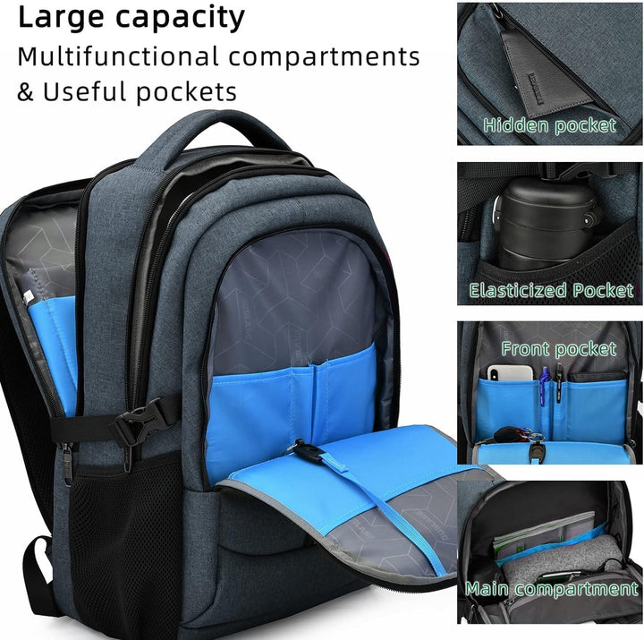Black water-resistant laptop backpack for men & women. Features an integrated USB charging port for devices.