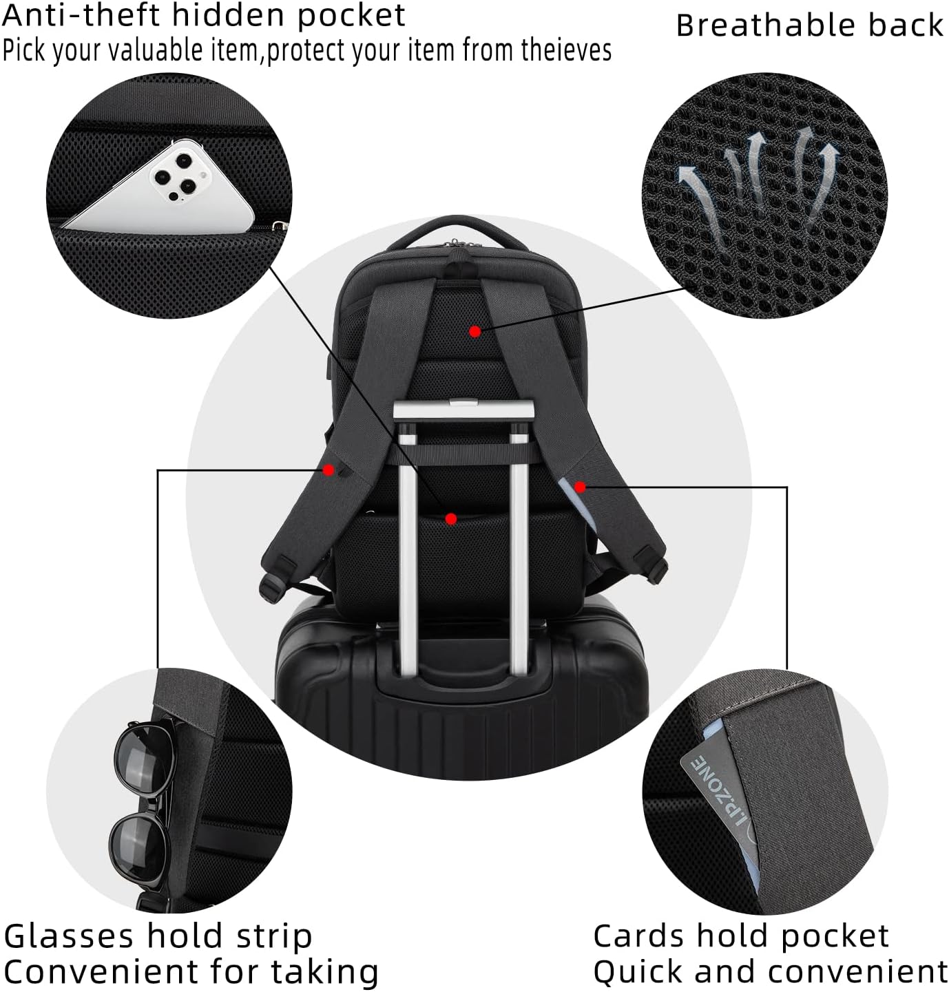 Durable unisex water-resistant laptop backpack, anti-theft, USB port, for long-term use.