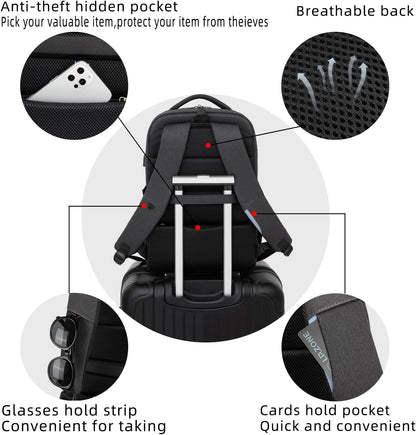 Durable unisex water-resistant laptop backpack, anti-theft, USB port, for long-term use.