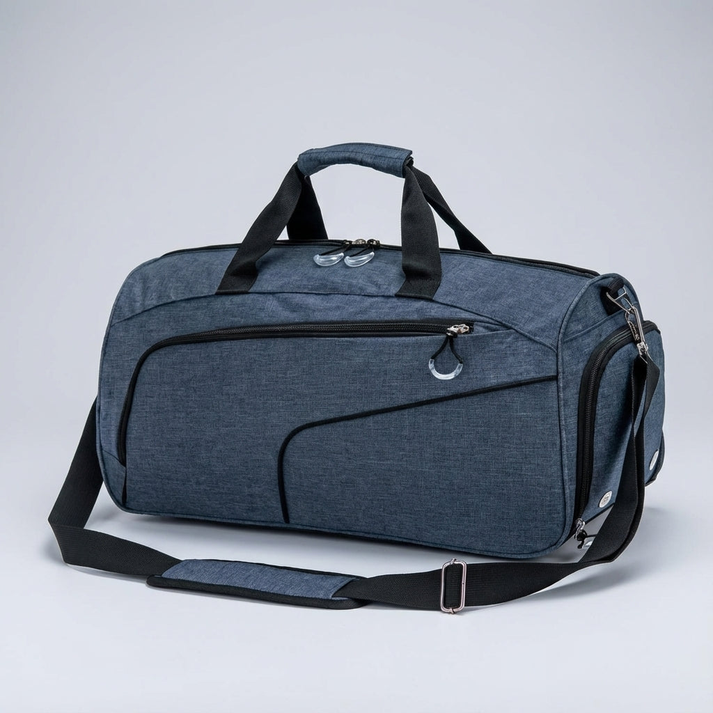 Spacious 35L waterproof gym duffel bag with separate wet and shoe compartments for sports and workouts.