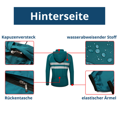 Close-up of waterproof fabric on a unisex outdoor gear rain jacket
