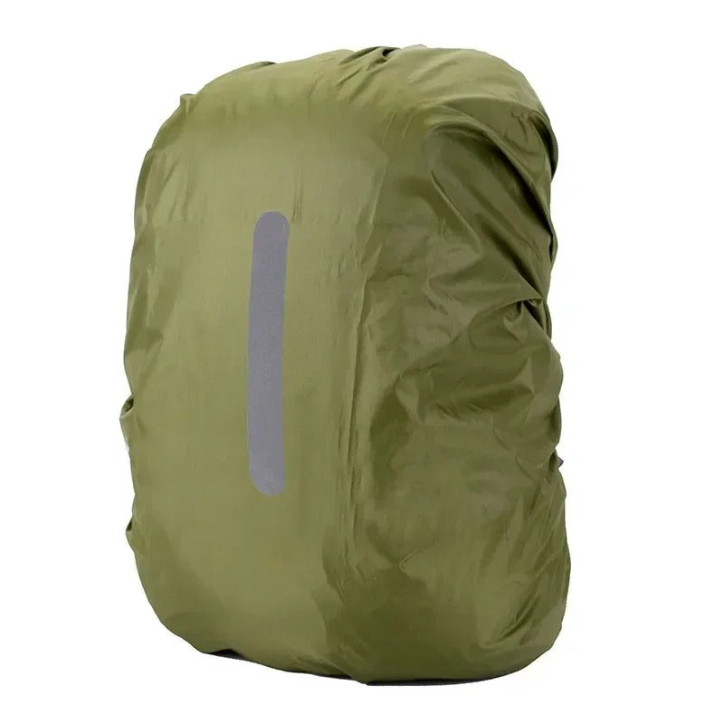 Reflective waterproof backpack cover for enhanced visibility during night hiking or commuting. Adjustable fit.