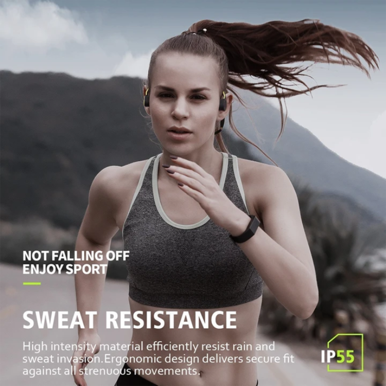 New wireless bone conduction sport headphones, open-ear design for comfort.