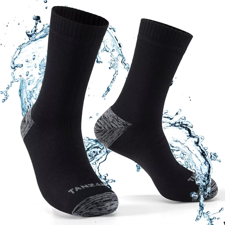 Unisex adventure apparel: waterproof outdoor socks drying, suggesting quick-dry feature for travelers.