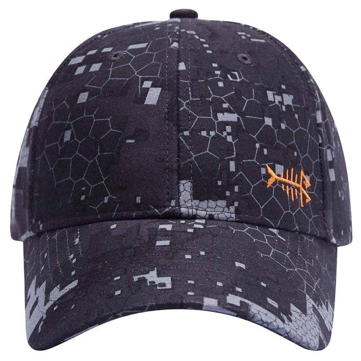 Close-up of waterproof camouflage hunting cap, outdoor gear, unisex, sun protection