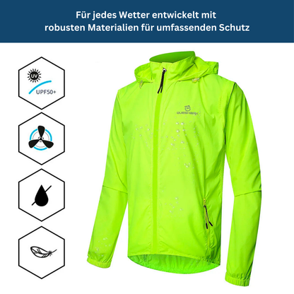 Detail of the breathable fabric of a unisex waterproof rain jacket, designed for comfortable cycling