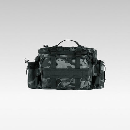 Unisex waterproof fishing tackle backpack, front view, open pockets, angling gear storage