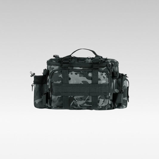 Unisex waterproof fishing tackle backpack, front view, open pockets, angling gear storage