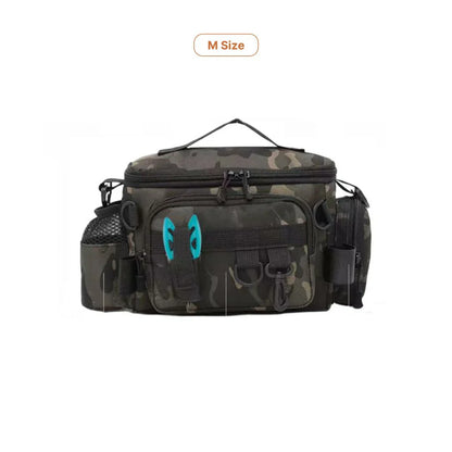 Fishing gear backpack, unisex, with a tackle box neatly stored inside compartment