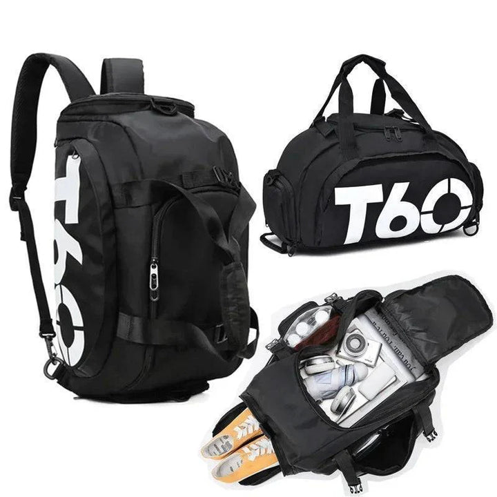 Unisex waterproof gym sports bag, black nylon duffel with large main compartment and side pockets