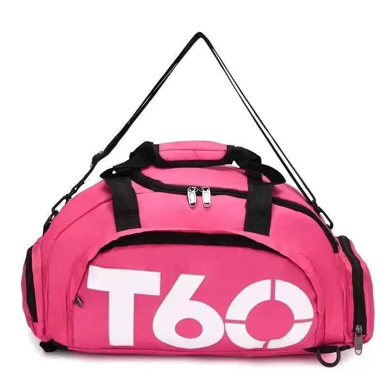 Gym sports bag with clothing and shoes packed inside, demonstrating its storage capacity
