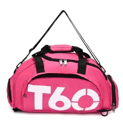 Gym sports bag with clothing and shoes packed inside, demonstrating its storage capacity