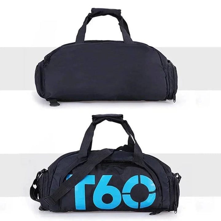 Multifunctional gym sports bag with separate shoe compartment shown, perfect for travel or fitness