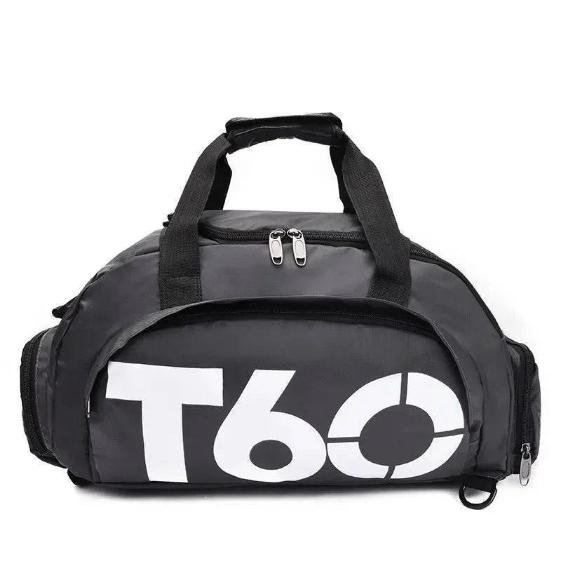 Waterproof sports bag standing upright, displaying its structured design and multiple handles