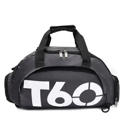 Waterproof sports bag standing upright, displaying its structured design and multiple handles