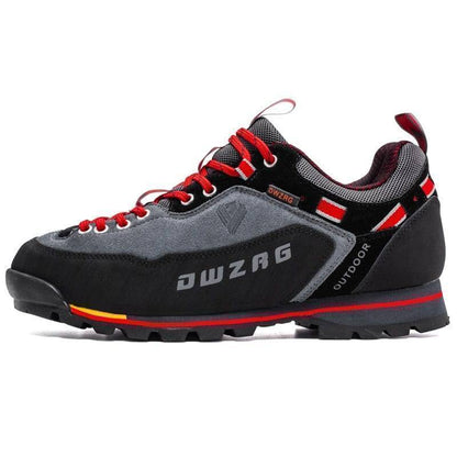 Detailed shot of the durable material on unisex outdoor trekking shoes, breathable fabric