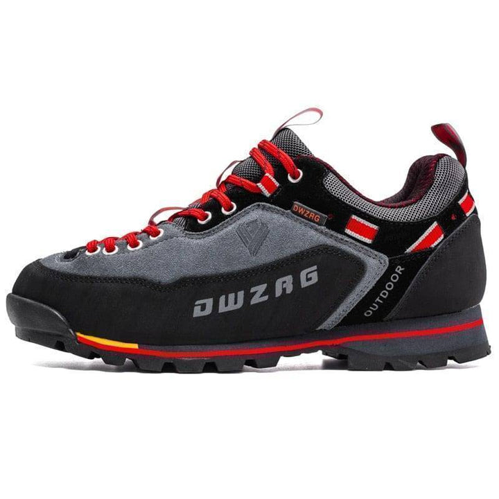 Detailed shot of the durable material on unisex outdoor trekking shoes, breathable fabric