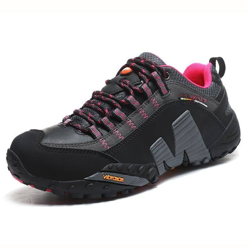 Front shot of grey waterproof leather hiking boots, perfect for any outdoor adventure