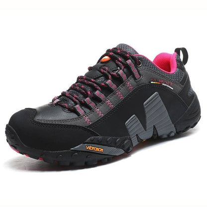 Front shot of grey waterproof leather hiking boots, perfect for any outdoor adventure