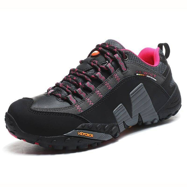 Front shot of grey waterproof leather hiking boots, perfect for any outdoor adventure