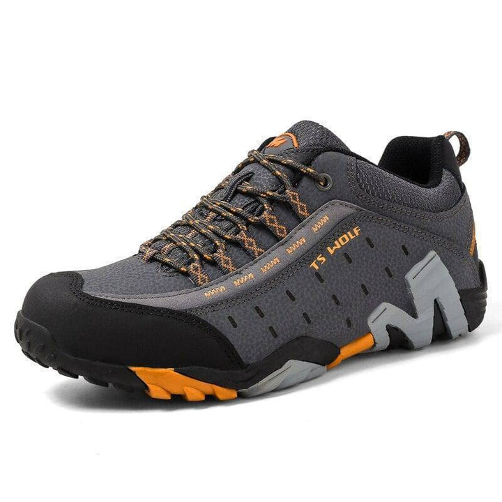 Unisex waterproof leather hiking boots, close up of metal eyelets and strong laces
