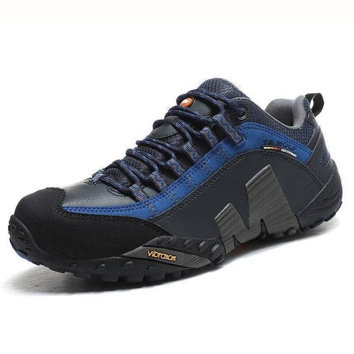 Stacked waterproof leather hiking boots, showcasing different color options, for men and women