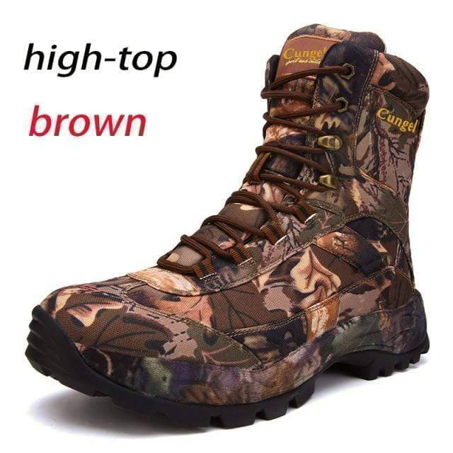 Close-up of waterproof hiking tactical boots, designed for rugged mountain trails and outdoor adventures
